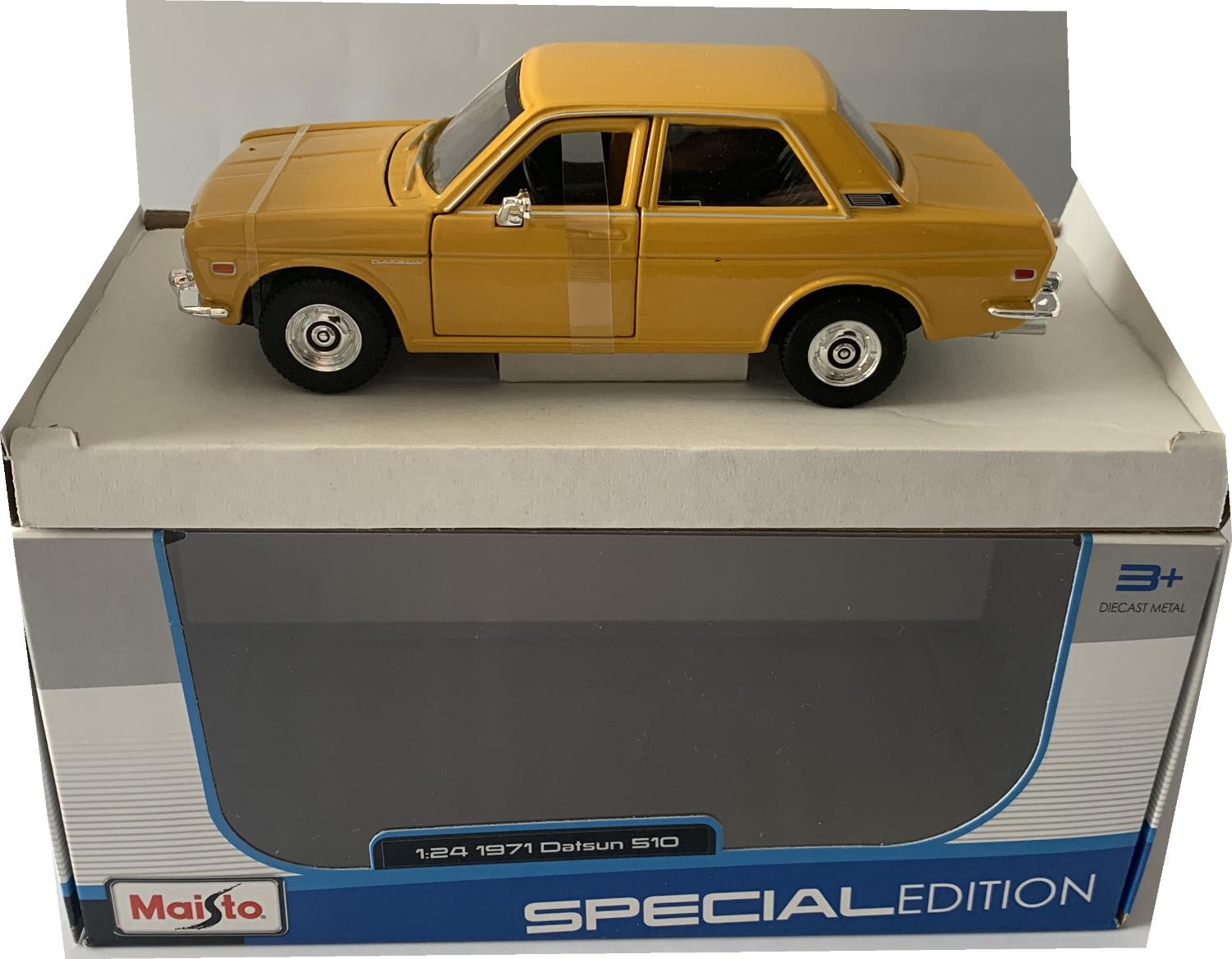 Datsun 510 1971 in yellow, 1:24 scale diecast car model from Maisto, 31518