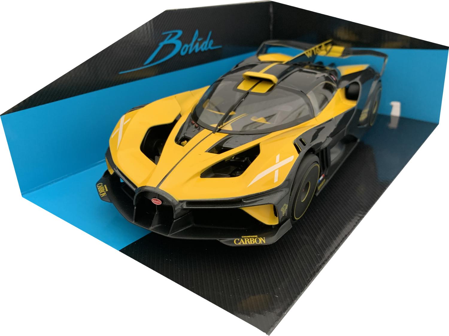 Bugatti Bolide 2021 in yellow / black, 1:18 scale track day model from