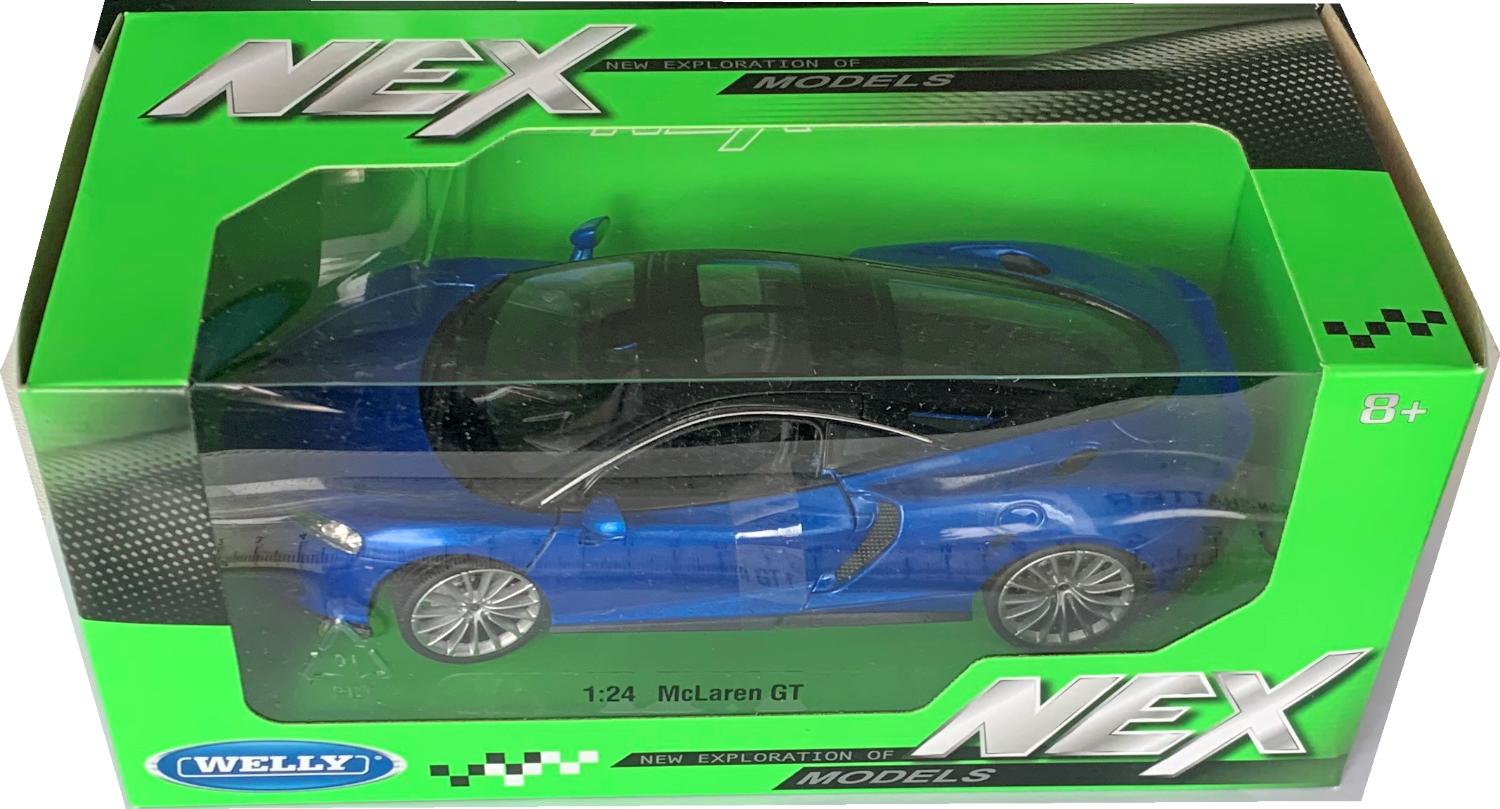 An excellent scale model of a McLaren GT decorated in metallic blue with silver wheels