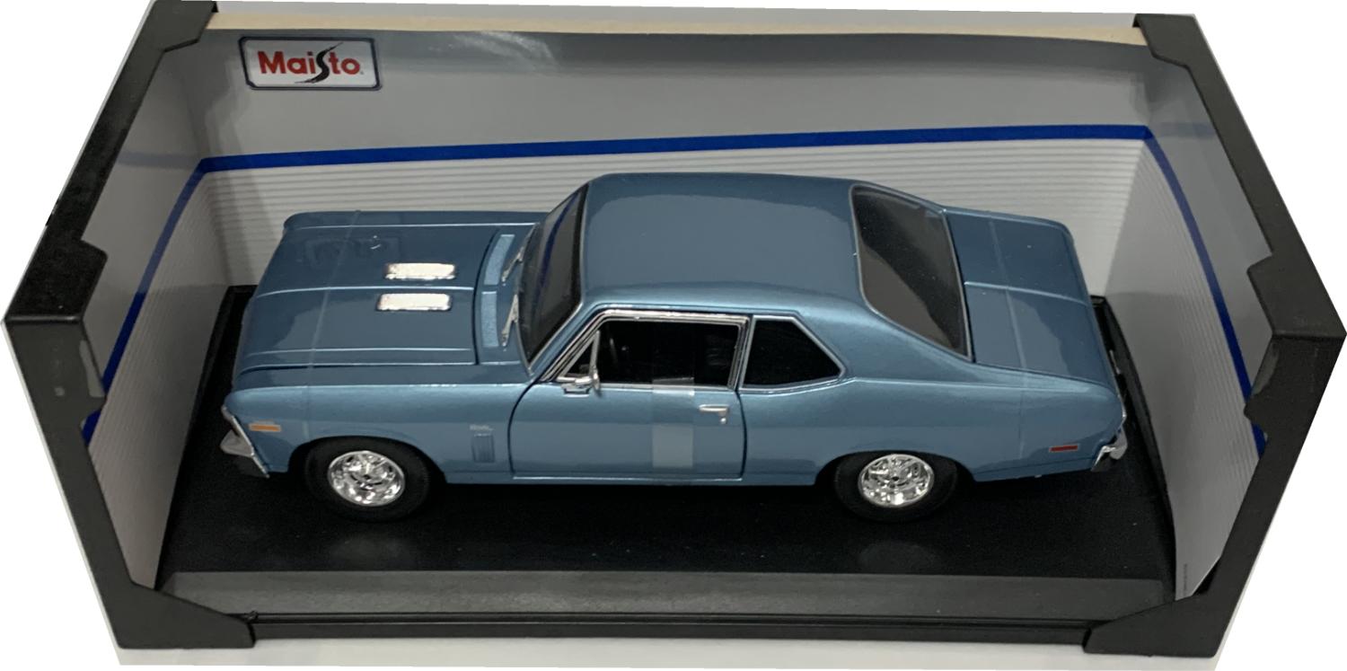An excellent scale model of a Chevrolet Nova SS Coupe from 1970 decorated in blue with bonnet air vents and chrome wheels.