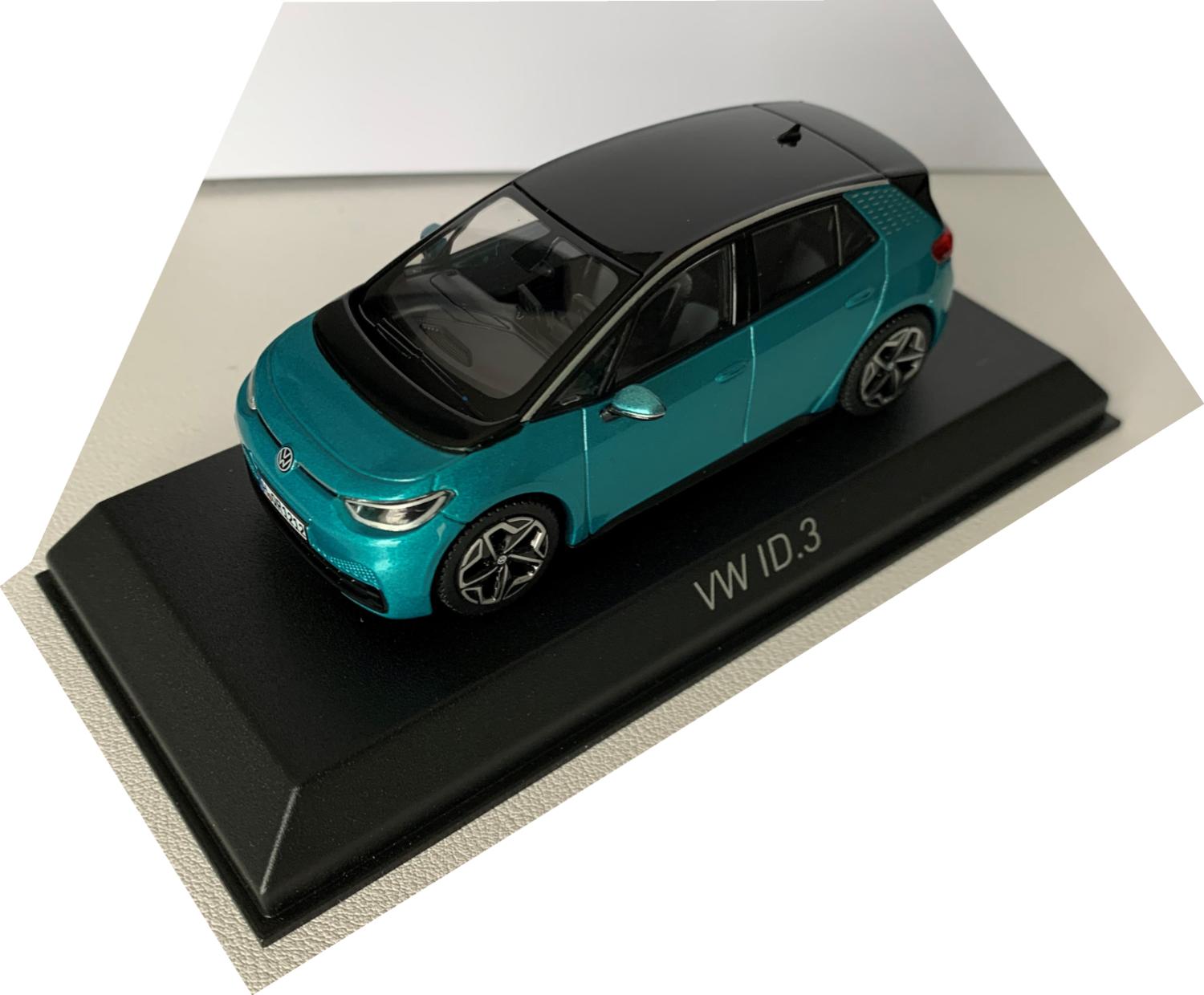 diecast model of Volkswagen electric car, VW ID.3 2020 in turquoise 1:43 scale model from Norev