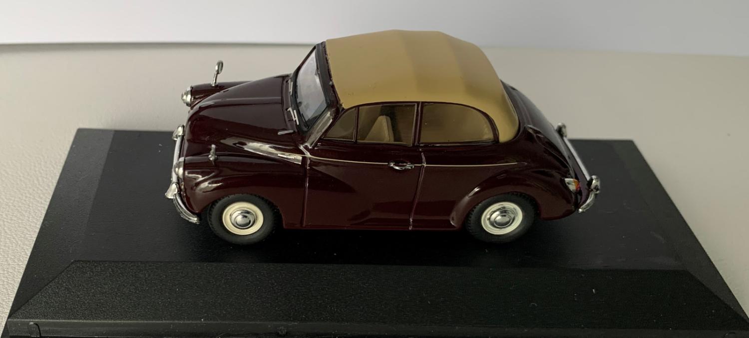 Morris Minor 1000 Convertible in maroon with tan roof,  1:43 scale model from Corgi Vanguards , limited edition model