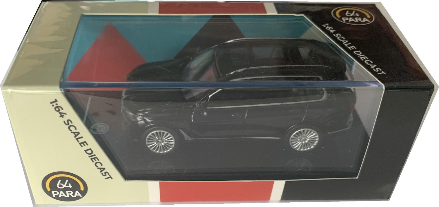 An excellent scale model of a BMW X7 decorated in black with panoramic roof, roof rails and silver wheels