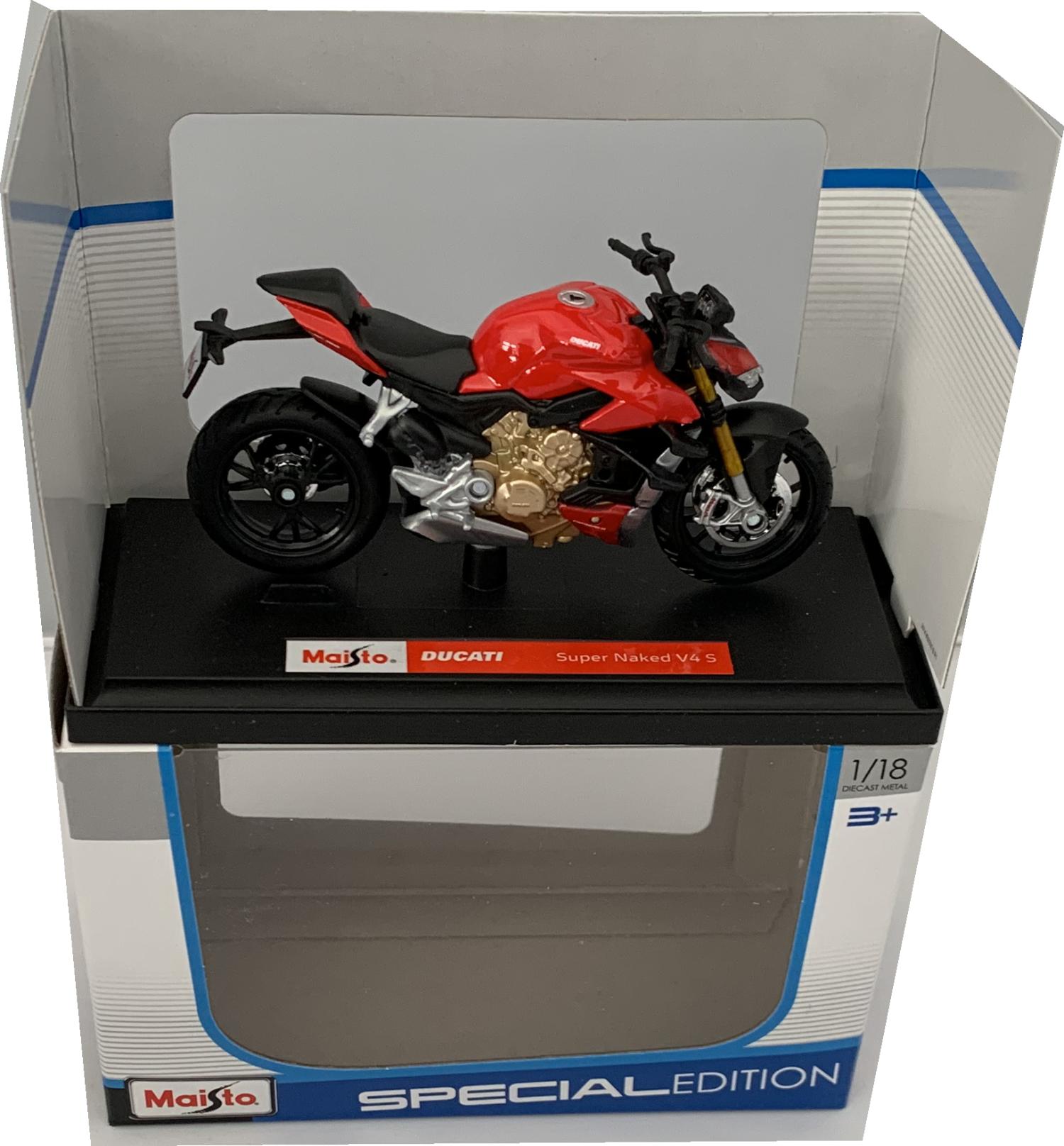 Ducati Super Naked V4 S 2020 in red 1:18 scale model from Maisto, Model is mounted on a removable plinth and presented in a window display box