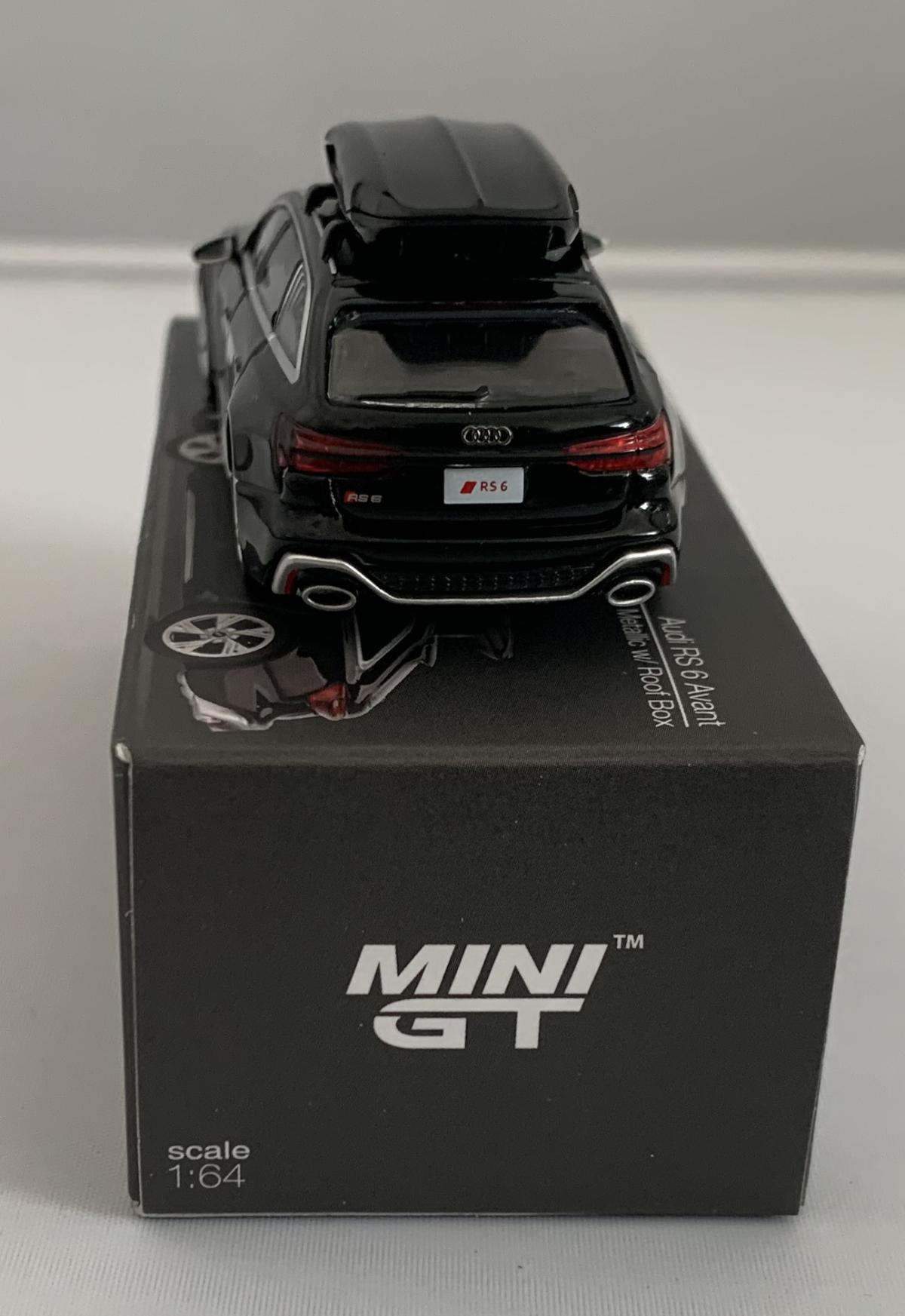 Audi RS 6 Avant with Roof Box in mythos black metallic 1:64 scale model from Mini GT