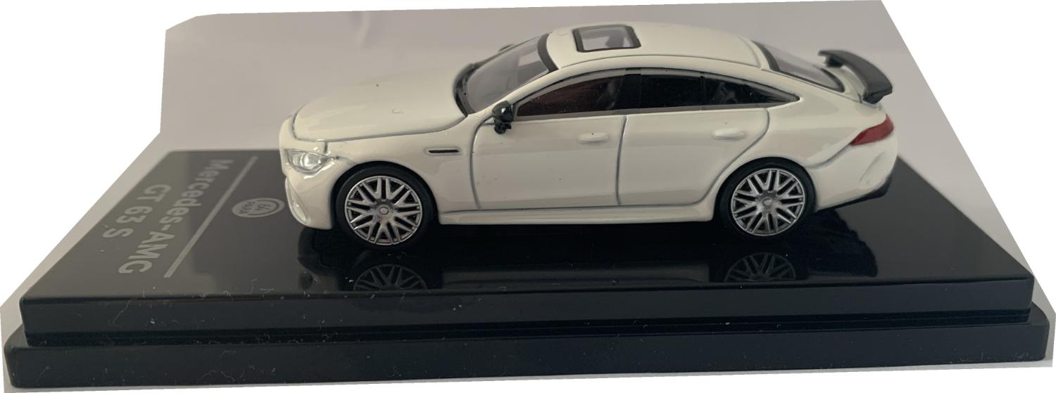 An excellent scale model of a Mercedes AMG GT 63 S decorated in white with sunroof, rear spoiler