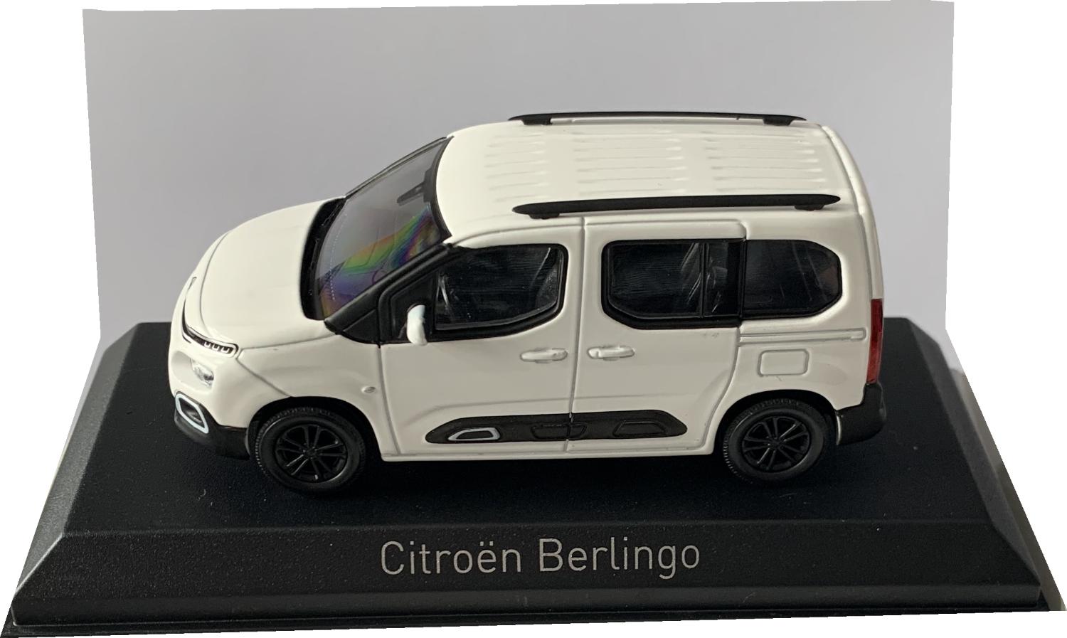 An excellent scale model of a Citroen Berlingo decorated in white with black roof rails, tinted windows and black wheels.  Other trims are finished in black, chrome and white.
