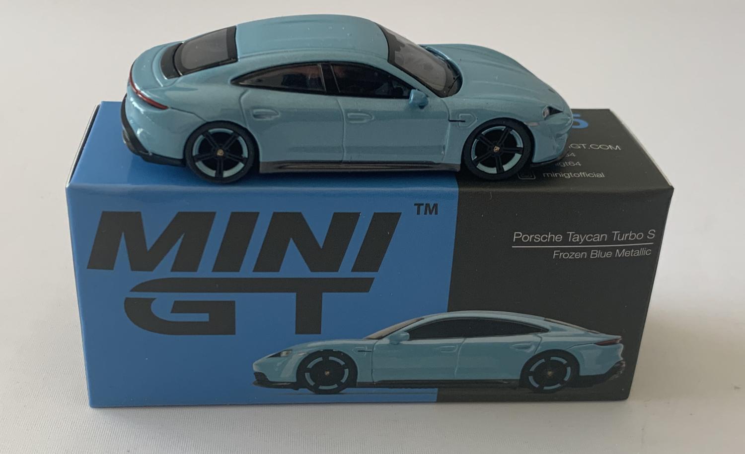 cated and sits on the front bonnet with the lettering Porsche Taycan Turbo S on the rear.  The Porsche badge also extends to the wheel hubs.  A good reproduction of the Porsche Taycan Turbo S with detail throughout, all authentically recreated. The model is presented in a box, the car is approx. 8 cm long and the box is 10 cm long