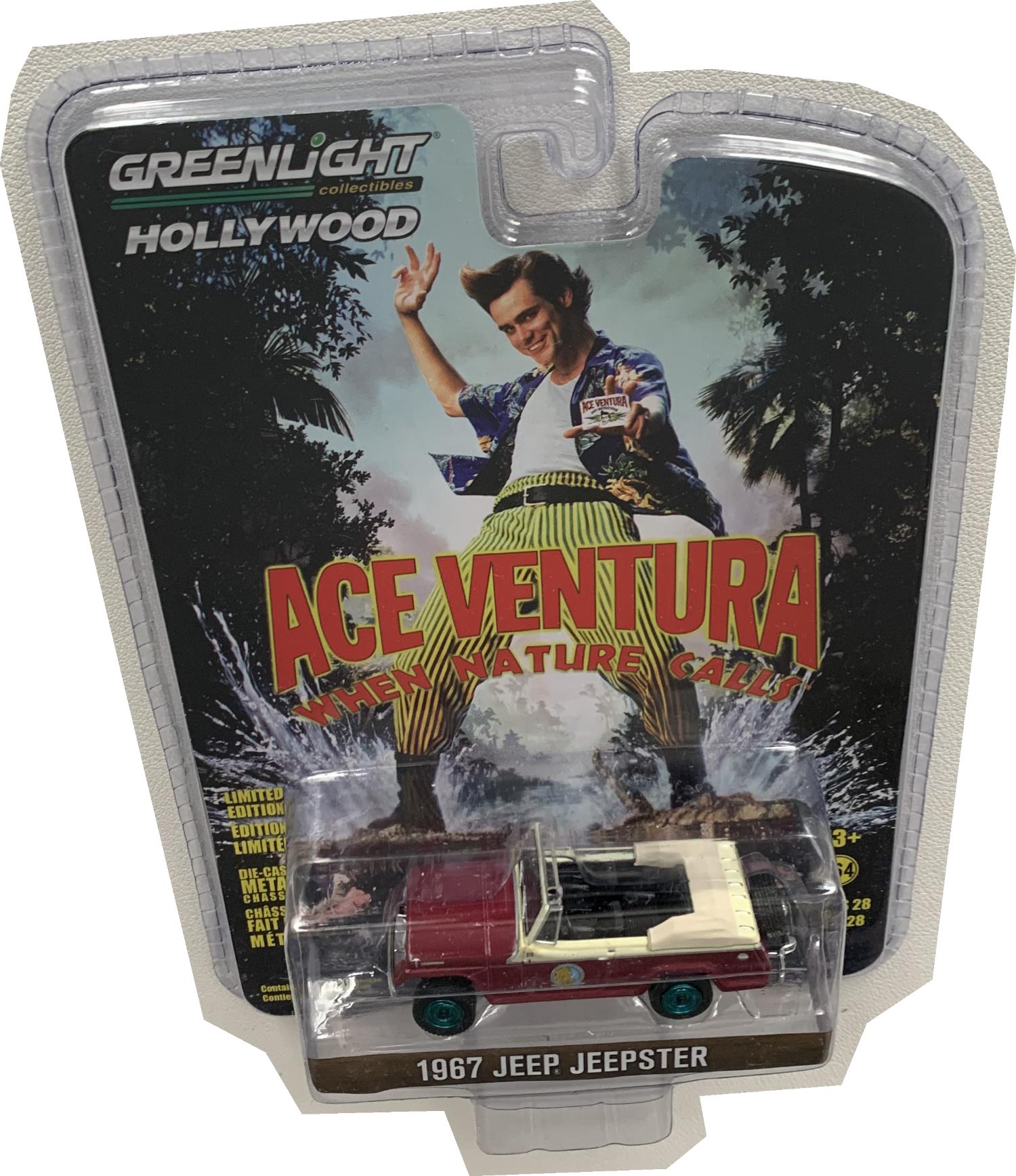 Ace Ventura ' When nature calls' 1967 Jeep Jeepster in red with green wheels 1:64 scale model from Greenlight, Green Machines, limited edition