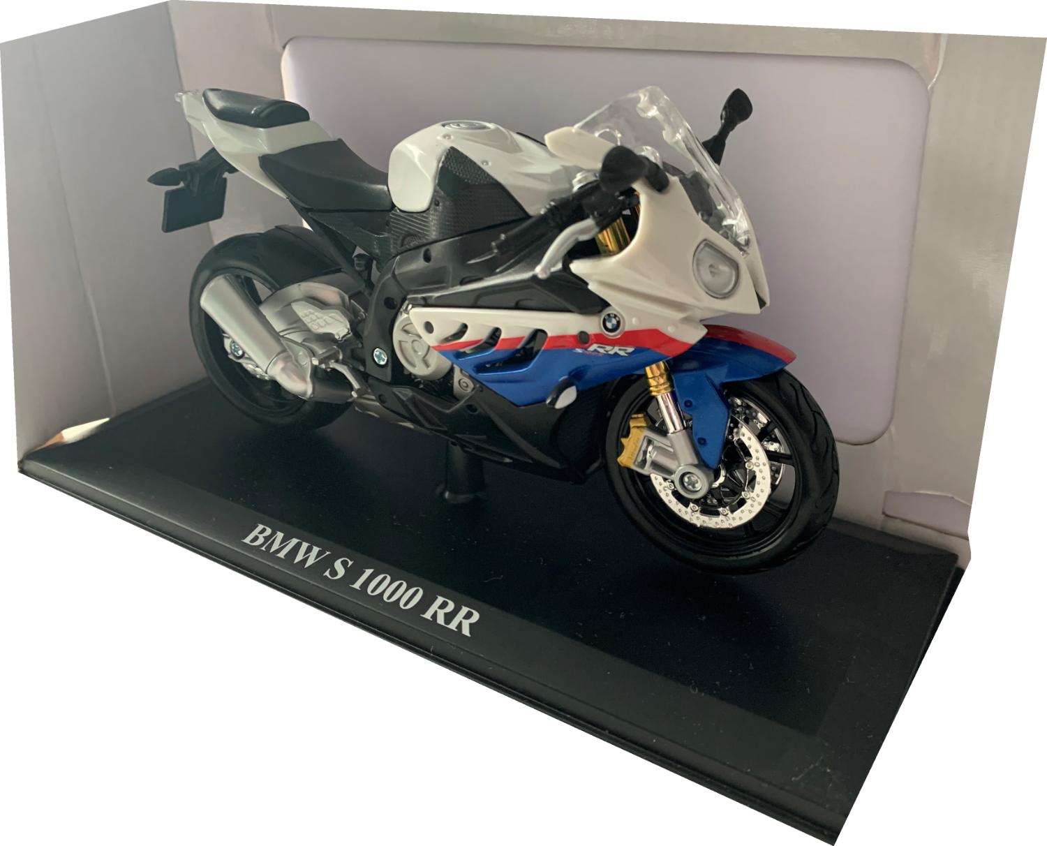 BMW S 1000 RR in white / blue / red 1:12 scale model from Maisto, mounted on  a plinth, presented in a white BMW themed box