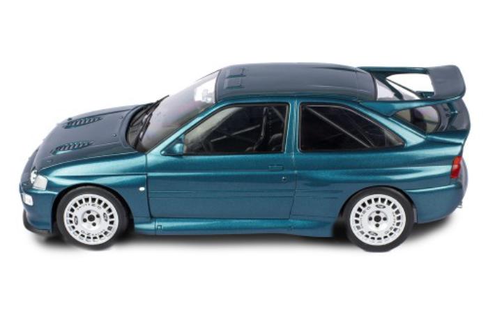 A very high quality accurate representation of the 1996 Ford Escort RS Cosworth decorated in metallic dark green with rear spoilers, bonnet air vents and Ford OZ Racing alloy wheels.