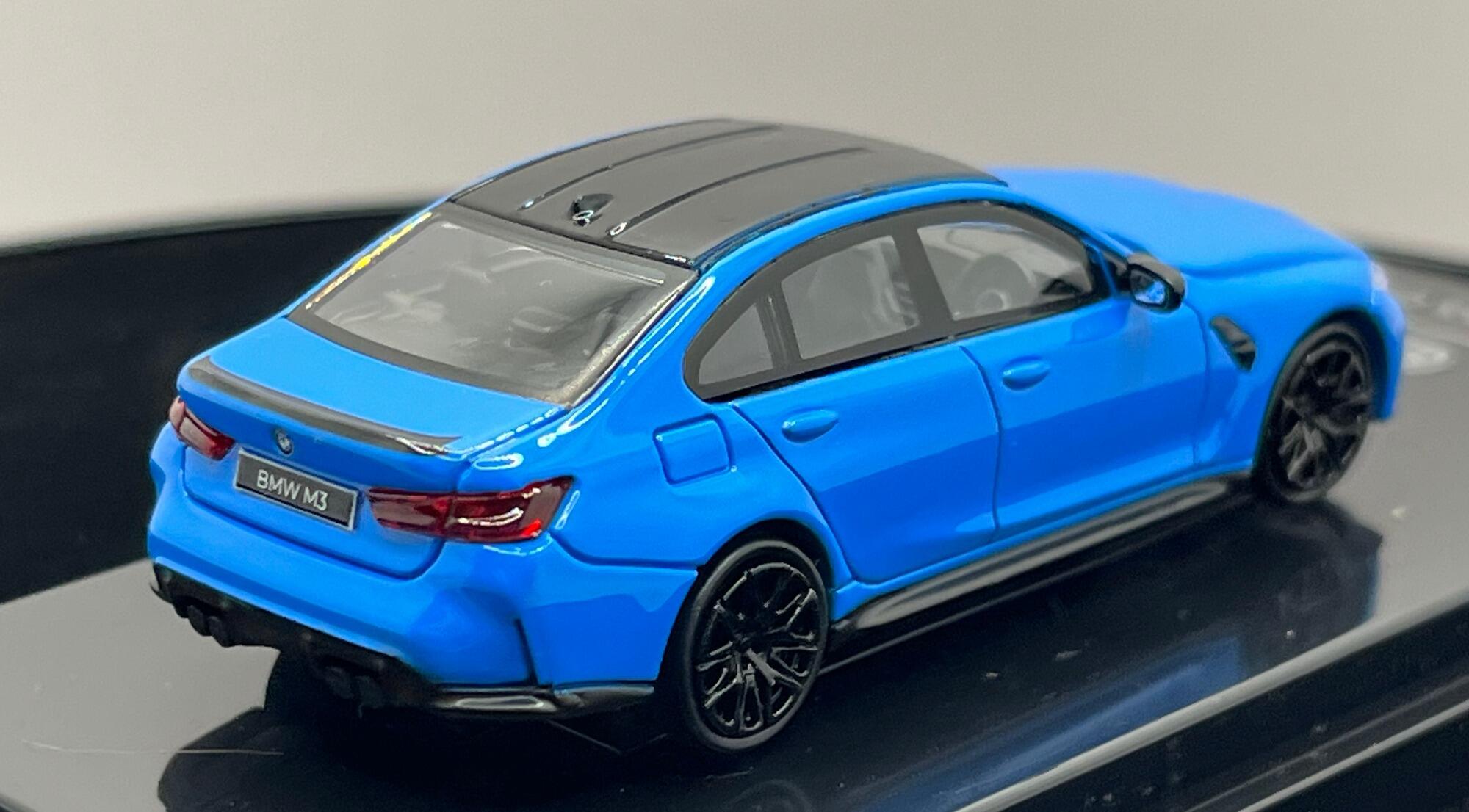 BMW M3 G80 2020 in Miami blue, 1:64 scale diecast car model car from Paragon Models, 65203, approx 7.5cm long