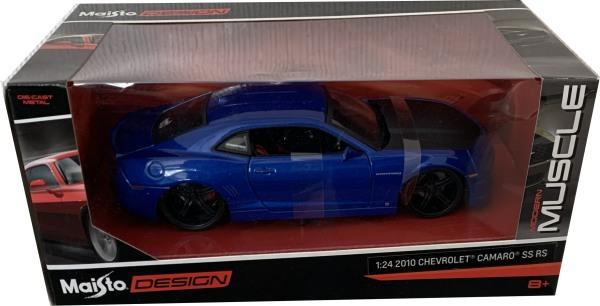 Chevrolet Camaro SS RS 2010, metallic blue with black bonnet 1:24 scale model from Maisto