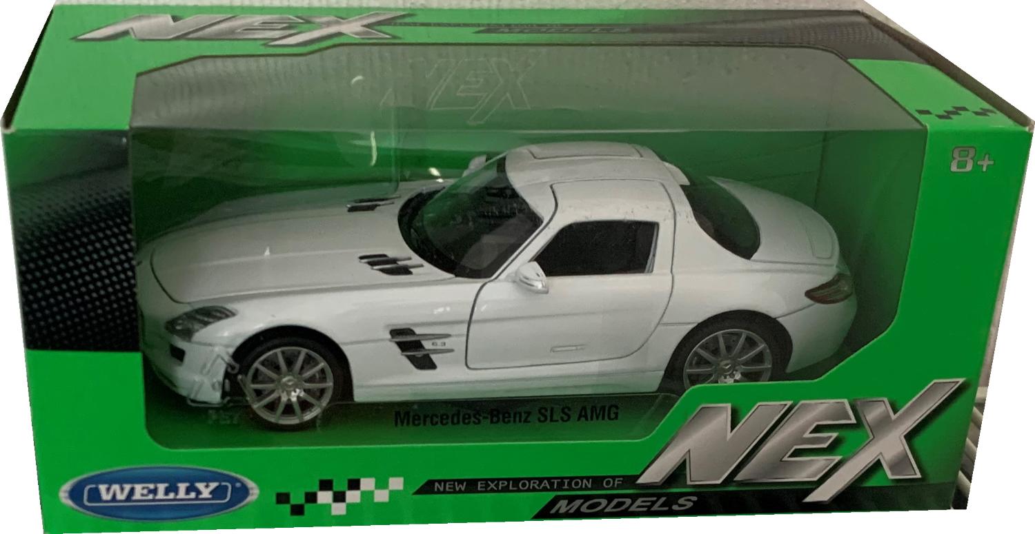 n excellent scale model of a Mercedes Benz SLS AMG decorated in white with silver wheels