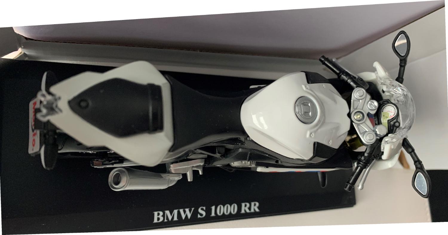 BMW S 1000 RR in white / blue / red 1:12 scale model from Maisto, mounted on  a plinth, presented in a white BMW themed box