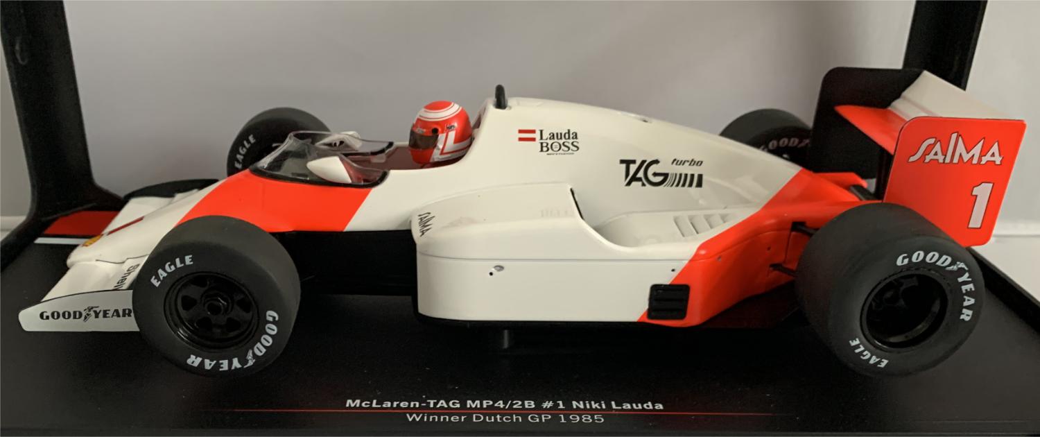 McLaren-TAG MP4/2B #1 Marlboro McLaren International Niki Lauda Winner Dutch F1 GP 1985 in white and red 1:18 scale model from Model Car Group