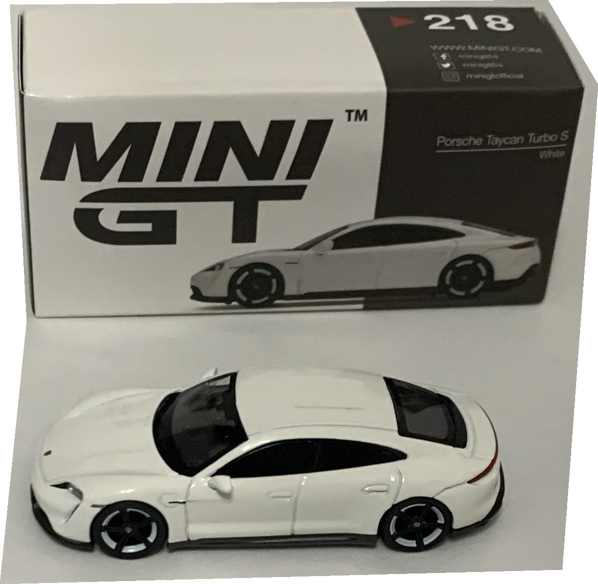 n excellent scale model of a Porsche Taycan Turbo S decorated in white and black wheels with white rims.