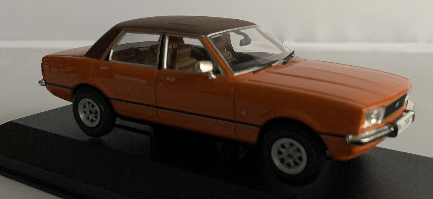 Ford Cortina mk4 2.0 Ghia in signal orange 1:43 scale model from Corgi Vanguards
