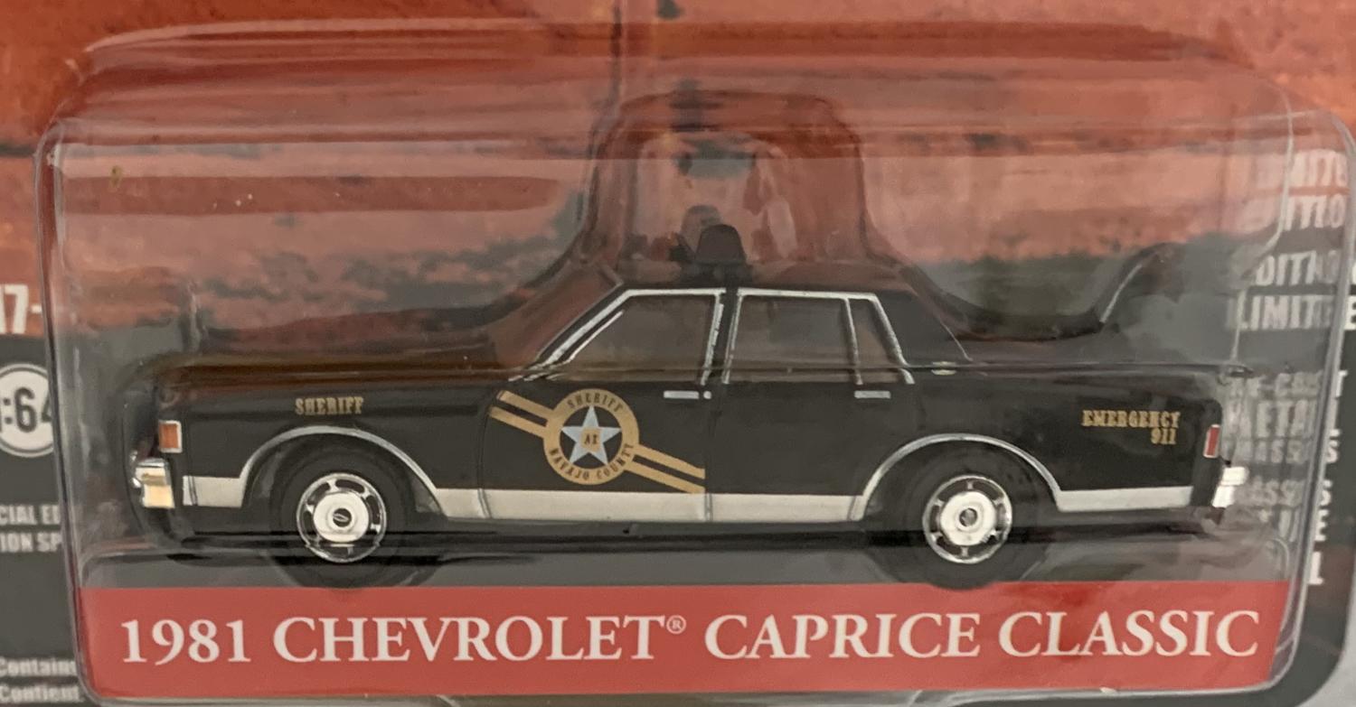 Thelma & Louise 1981 Chevrolet Caprice Classic in black, Navajo county police car, 1:64 scale model from Greenlight, limited edition