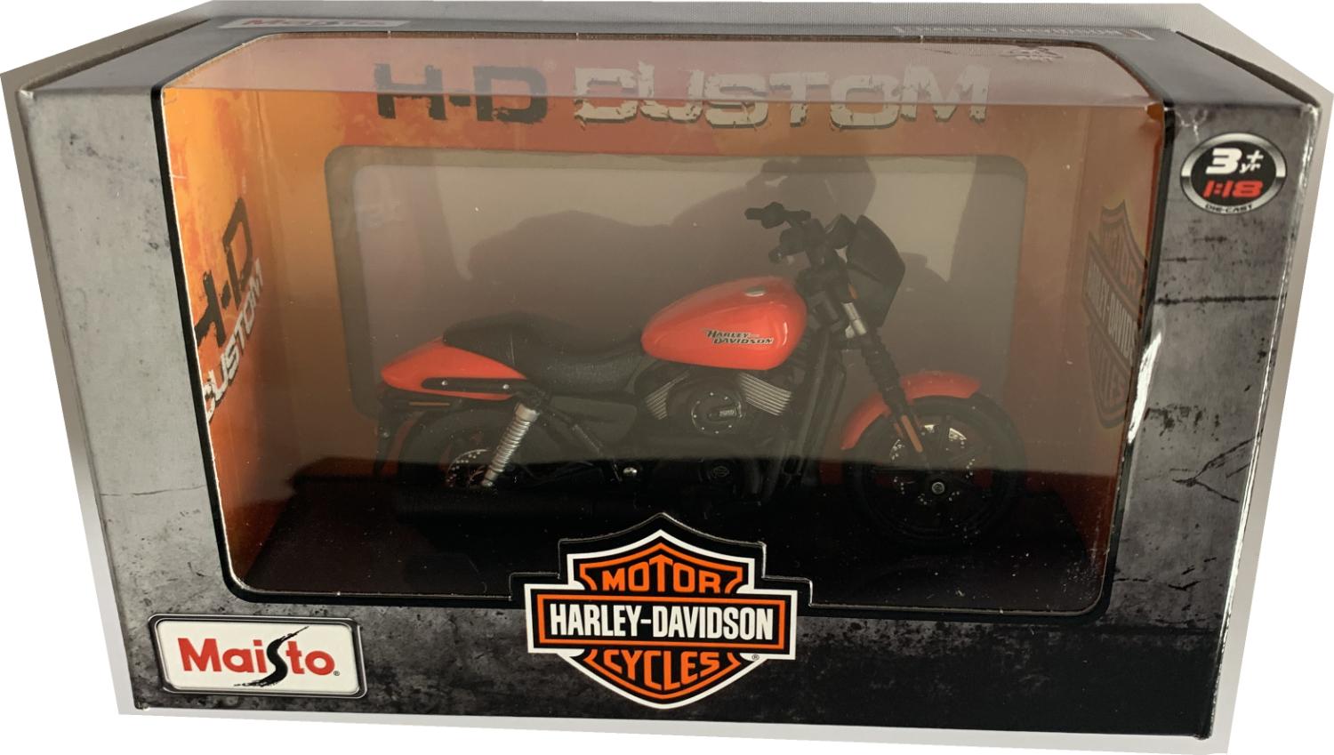 Model is mounted on a removable plinth and presented in a Harley Davidson themed window display box