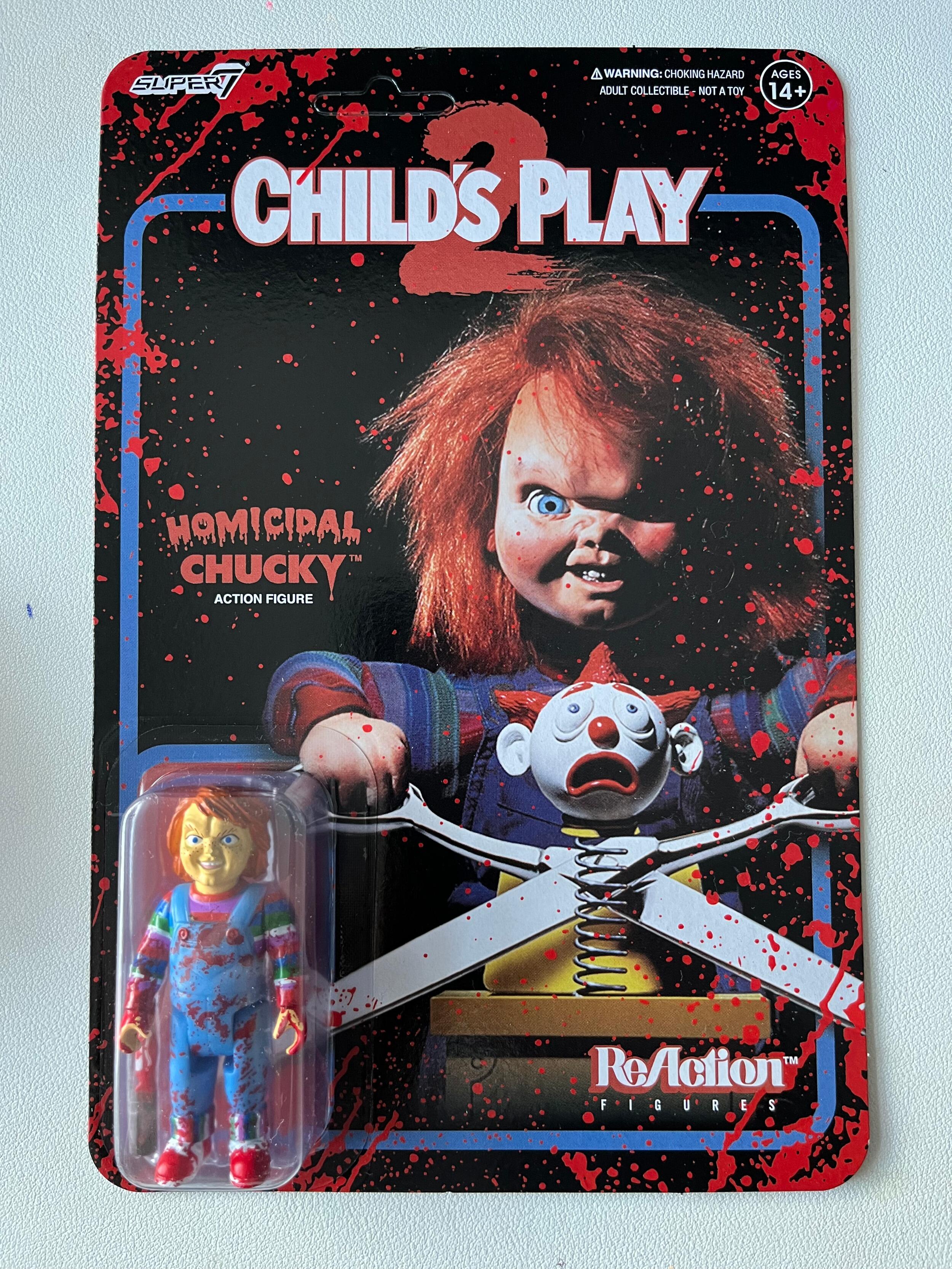 Chucky is done trying to be anyone’s best friend, because all he wants now is revenge, no matter how much blood has to be spilled! This 2.75” articulated Child’s Play 2 ReAction figure of Evil Chucky featuring generous blood-splatter