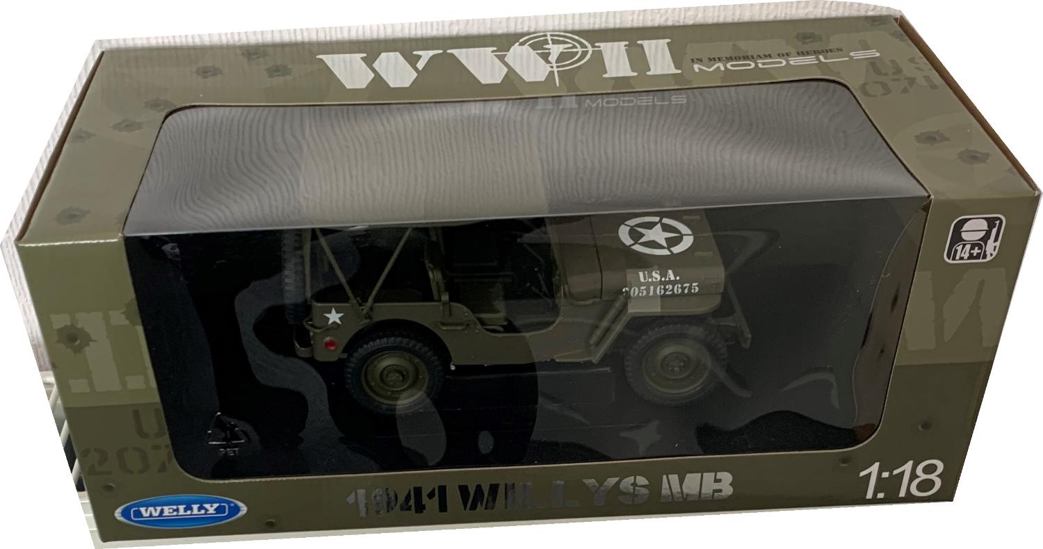 ww2,Willys MB USA Military Jeep Closed 1941 in green 1:18 scale model from Welly