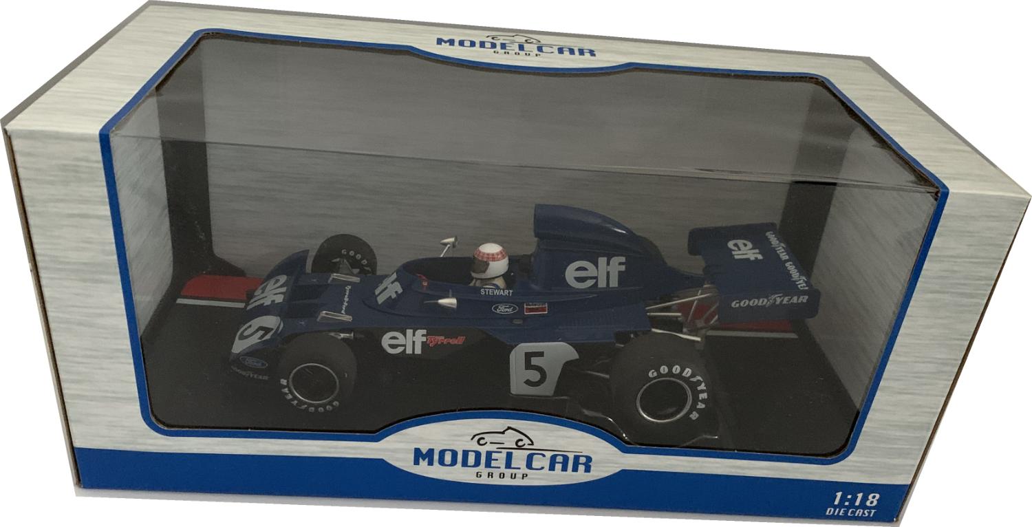 A very good representation of the Tyrell Ford 006 #5 ELF Team decorated in blue with authentic graphics and driven by Jackie Stewart winning the Monaco GP in 1973
