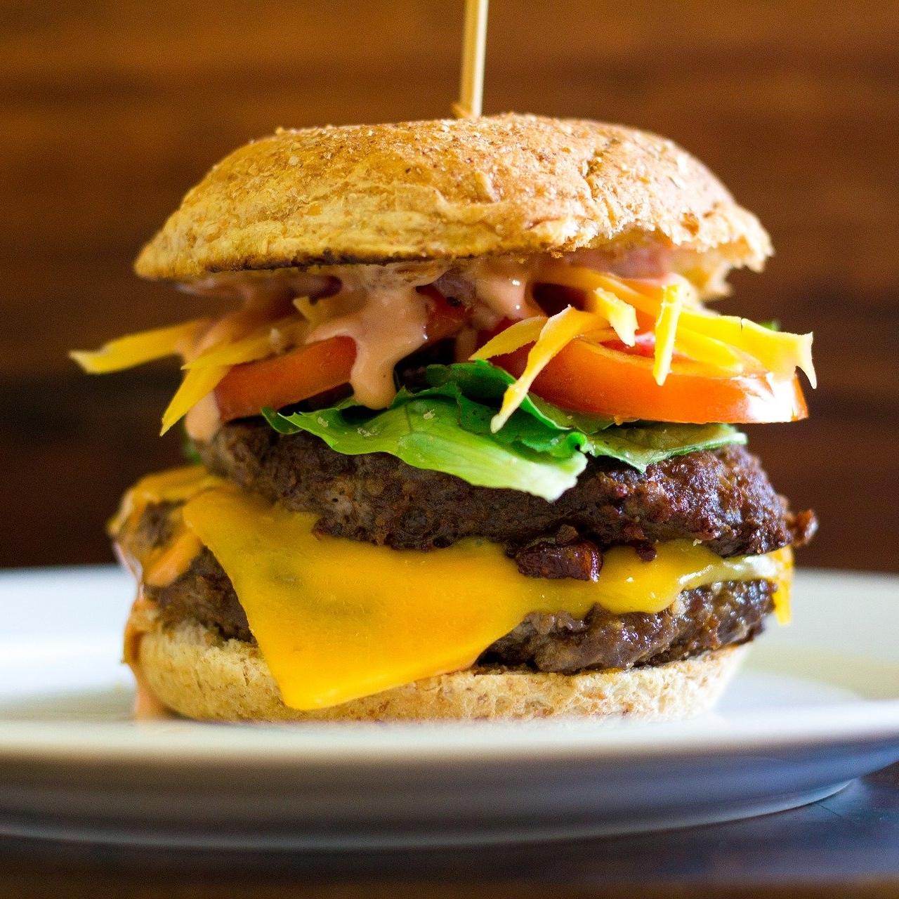 Large, stacked beef burger