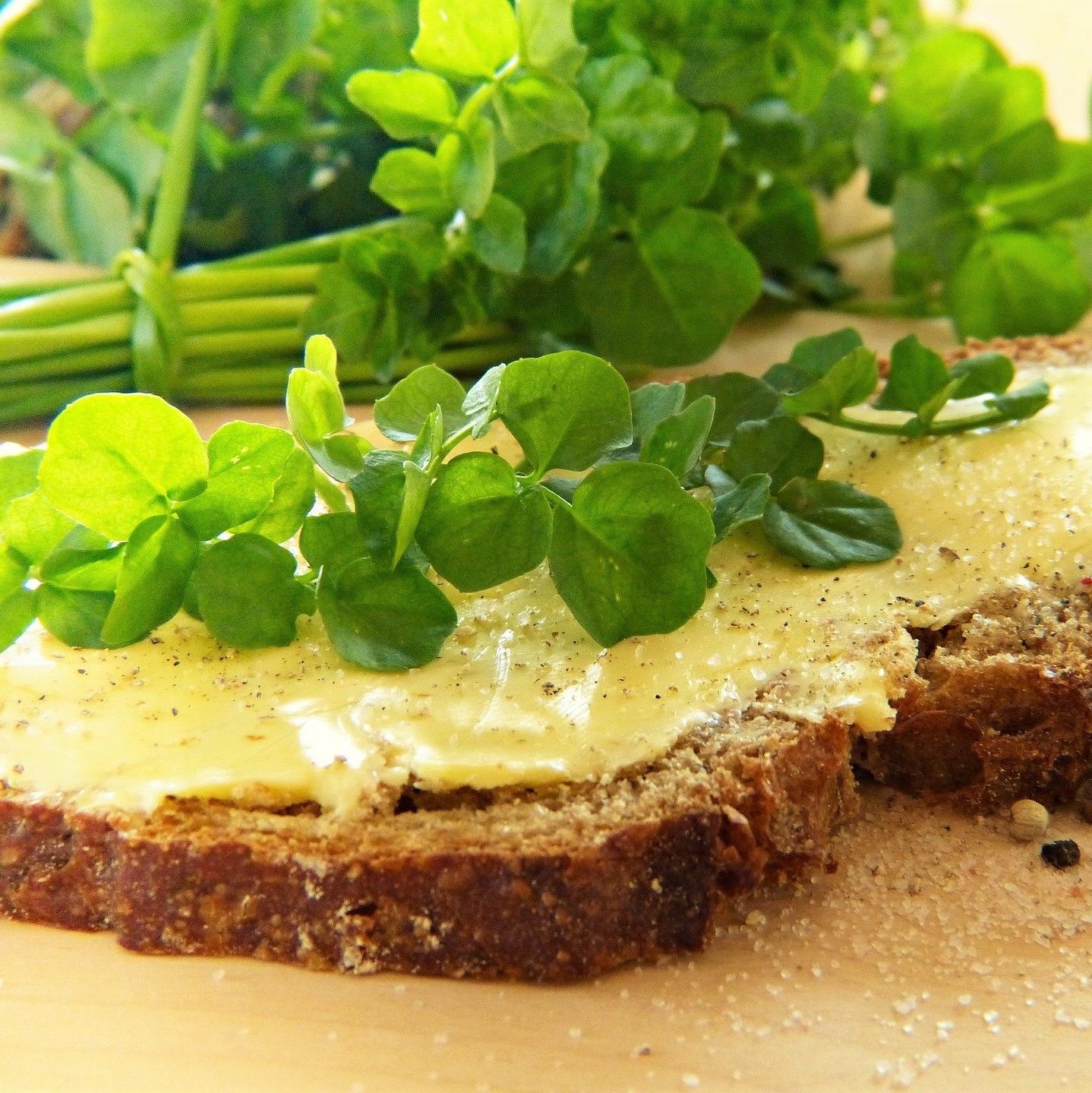 watercress on buttered bread