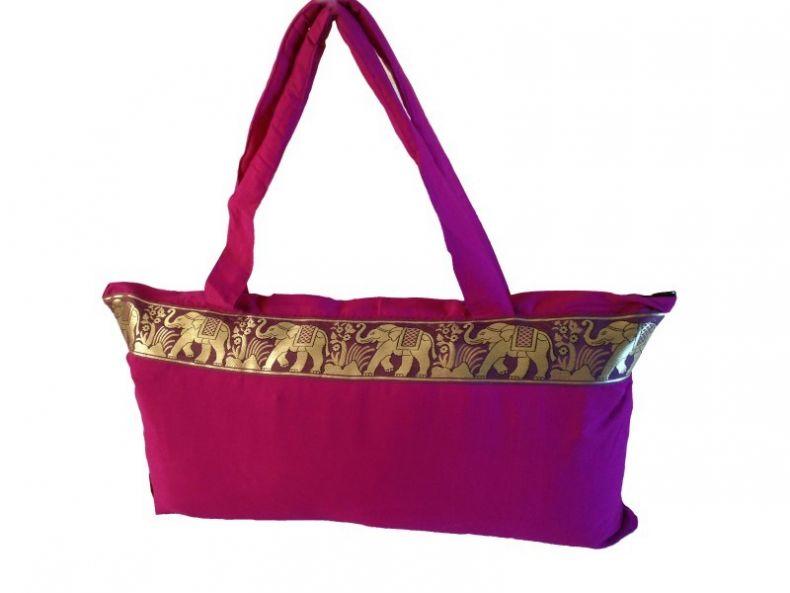 cotton slimline yoga large Kit and props carrier bag in dark pink with Gold Elephant Border