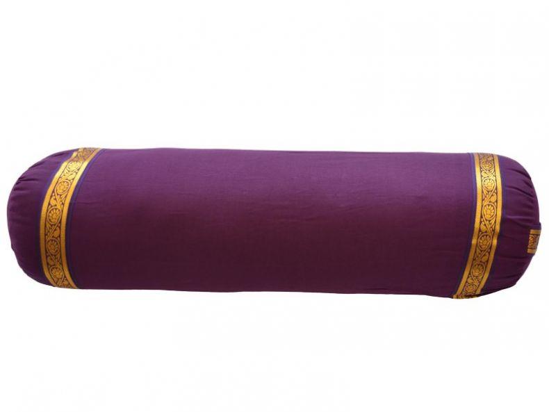 Purple yoga bolster with gold trim, medium sized