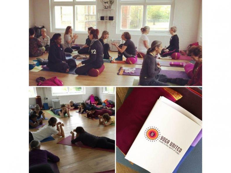 Yoga therapy course in London images of yoga students talking in pairs and a folder showing the Yoga United logo