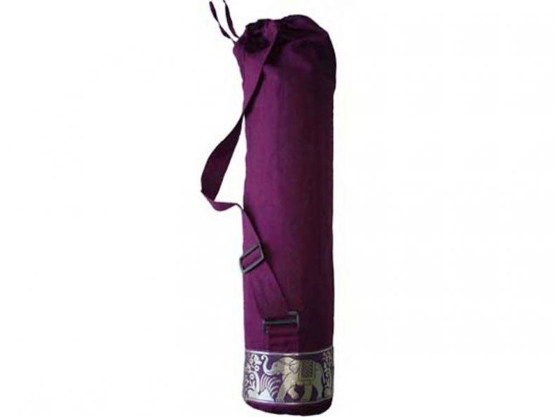 cotton yoga mat carrier bag with elephant design and adjustable strap in dark brown purple colour