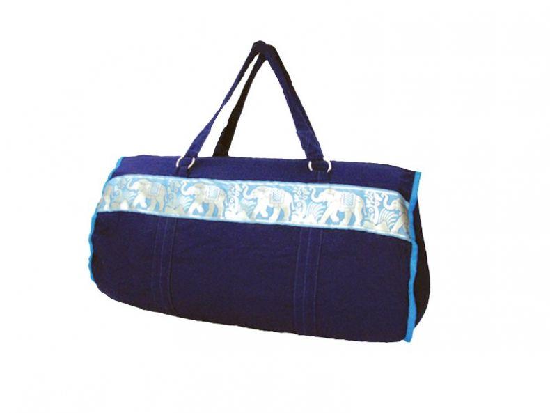 Dark blue large yoga bag, cotton with elephant design.  Big, strong and beautiful yoga kit bag.