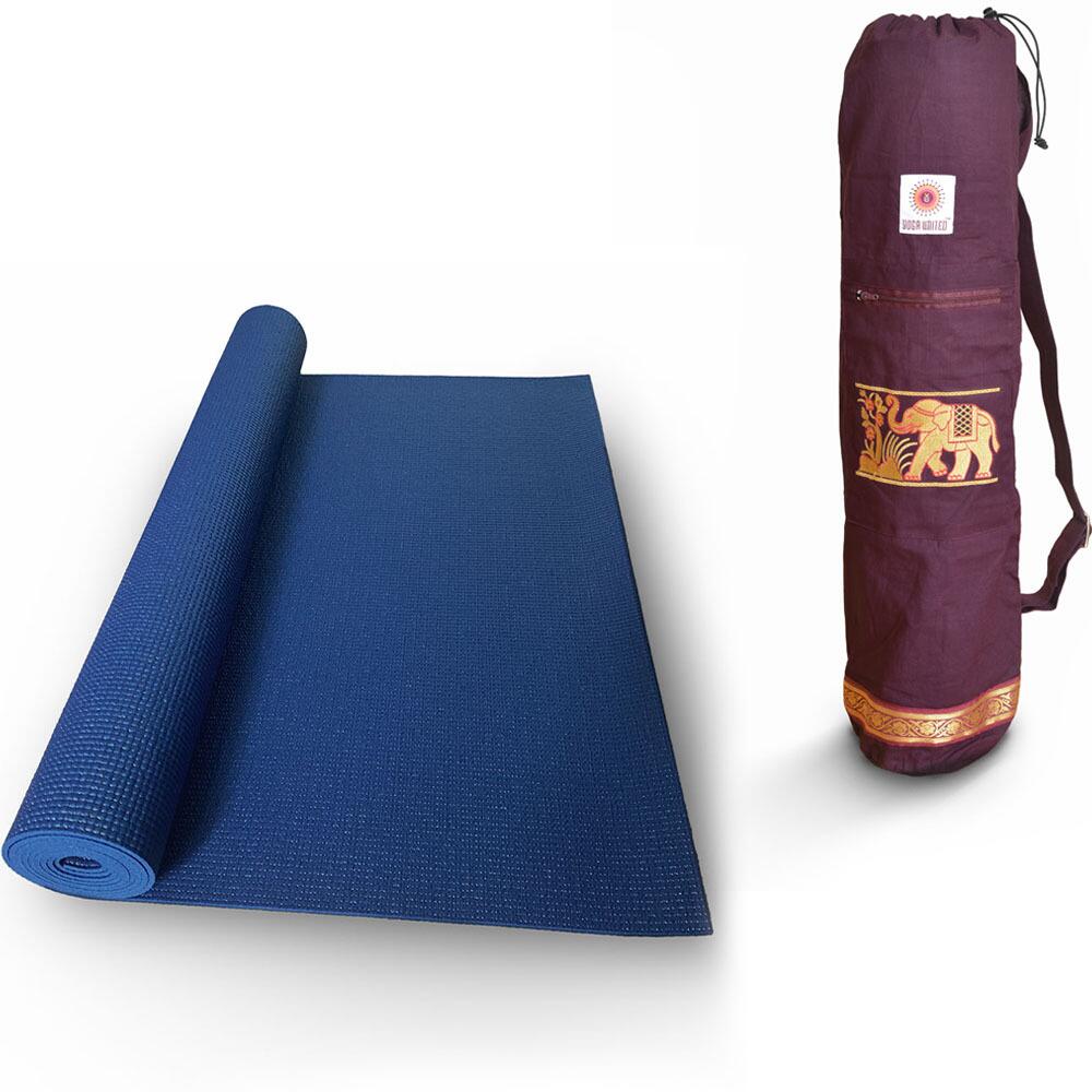 eco classic blue colour yoga mat and aubergine cotton yoga bag