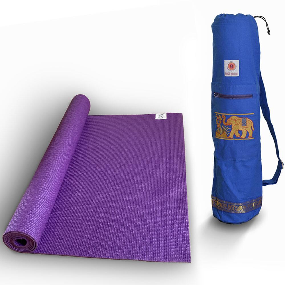 eco classic purple colour yoga mat and blue colour cotton yoga bag