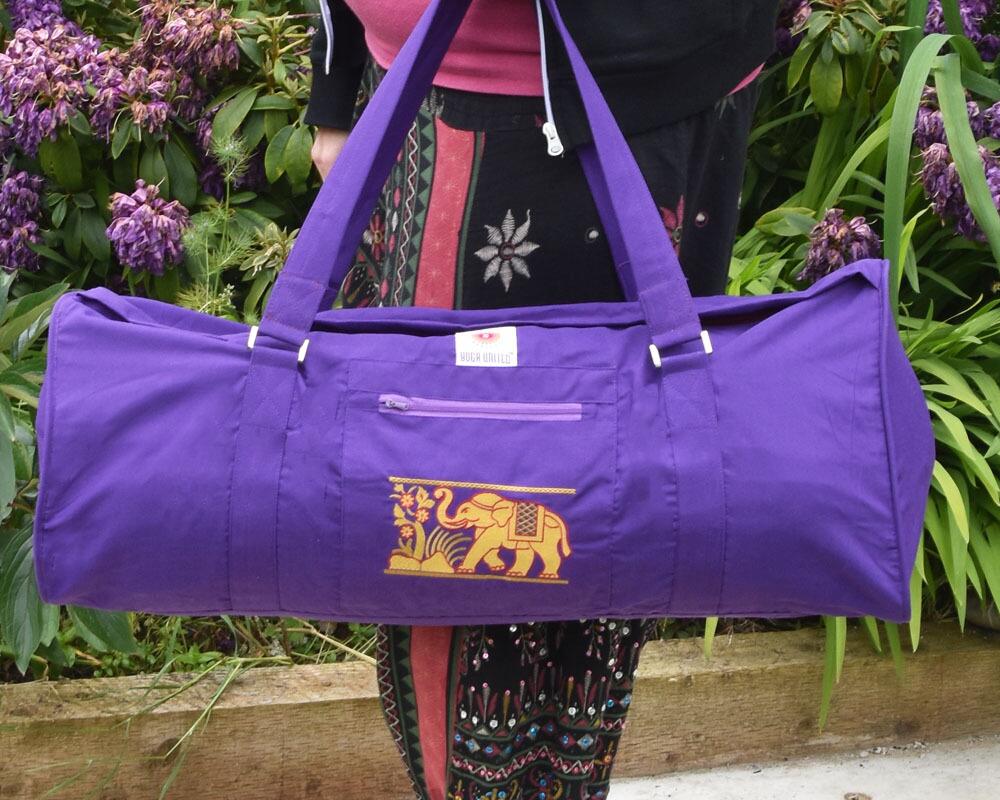 Sutra Elephant Cotton Yoga Kit Bag by Yoga United- Purple- Holding