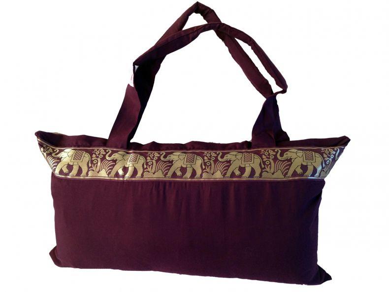 cotton slimline yoga large Kit and props carrier bag in dark brown with Gold Elephant Border