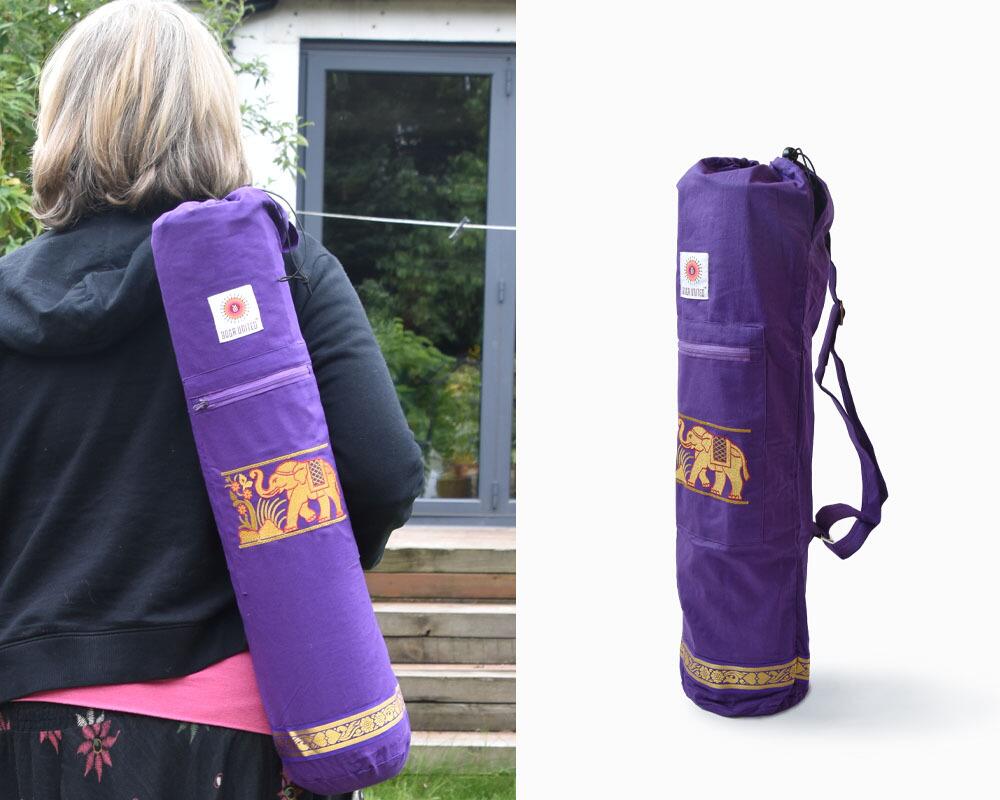 Purple Sutra Elephant Cotton Yoga Mat Bag worn on model by Yoga United
