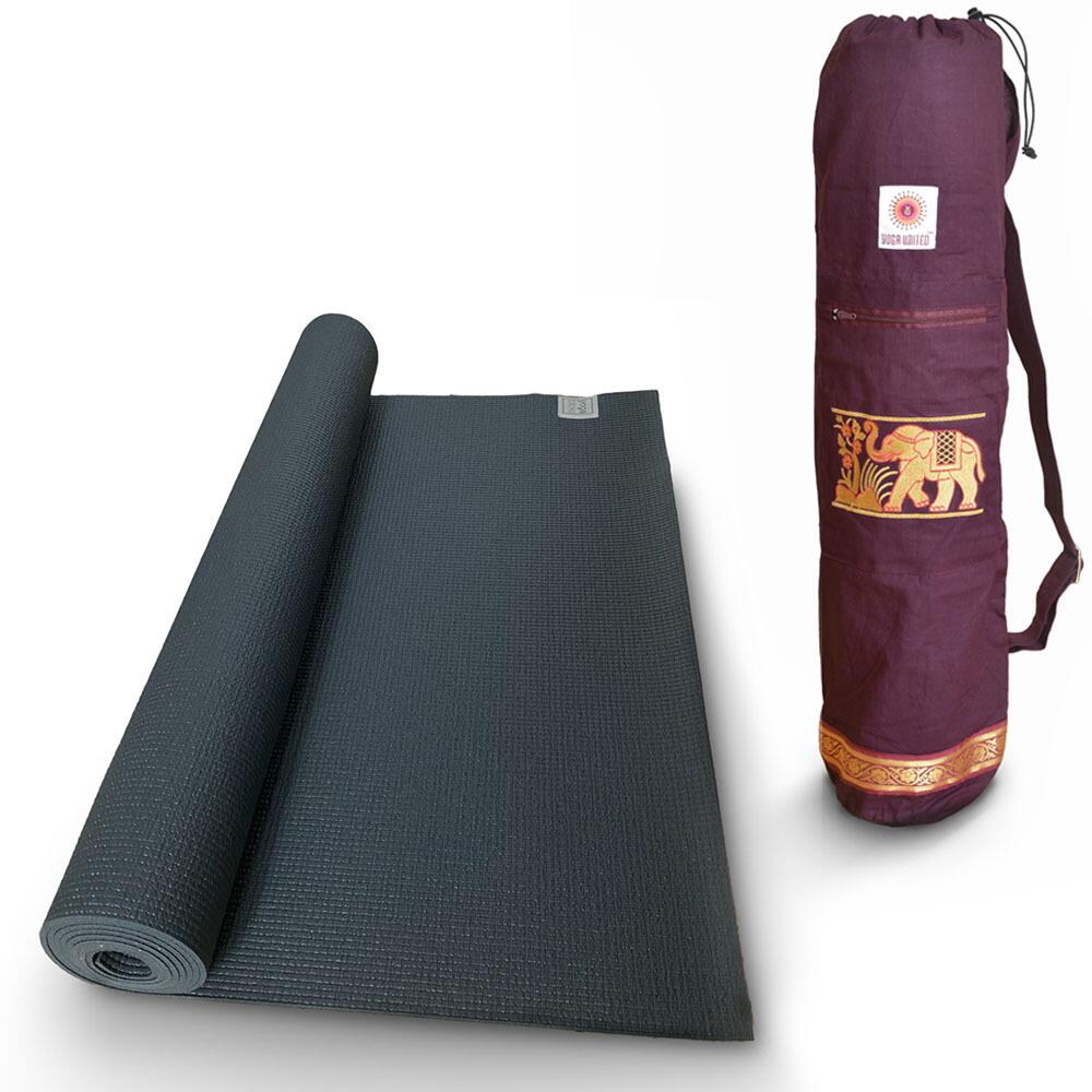eco classic gray colour yoga mat and burgundy cotton yoga bag