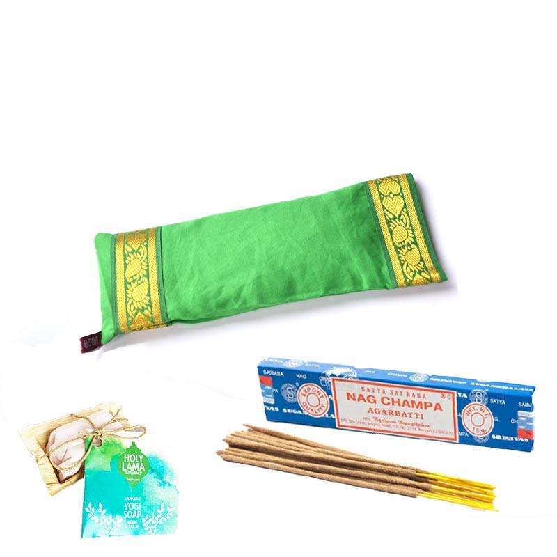 Mind body Relaxation green cotton lavender eye pillow insence sticks soap gifts pack