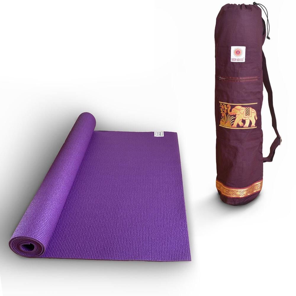 eco classic purple colour yoga mat and aubergine colour cotton yoga bag