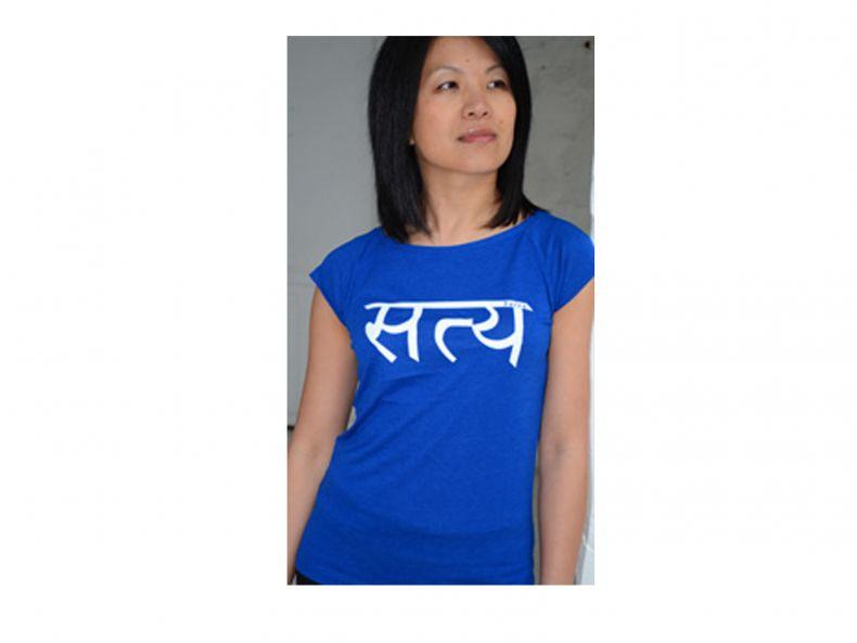 Womens bamboo t shirt in blue with Satya written in Devanagari script in white