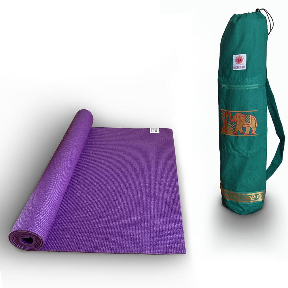 eco classic purple colour yoga mat and green colour cotton yoga bag