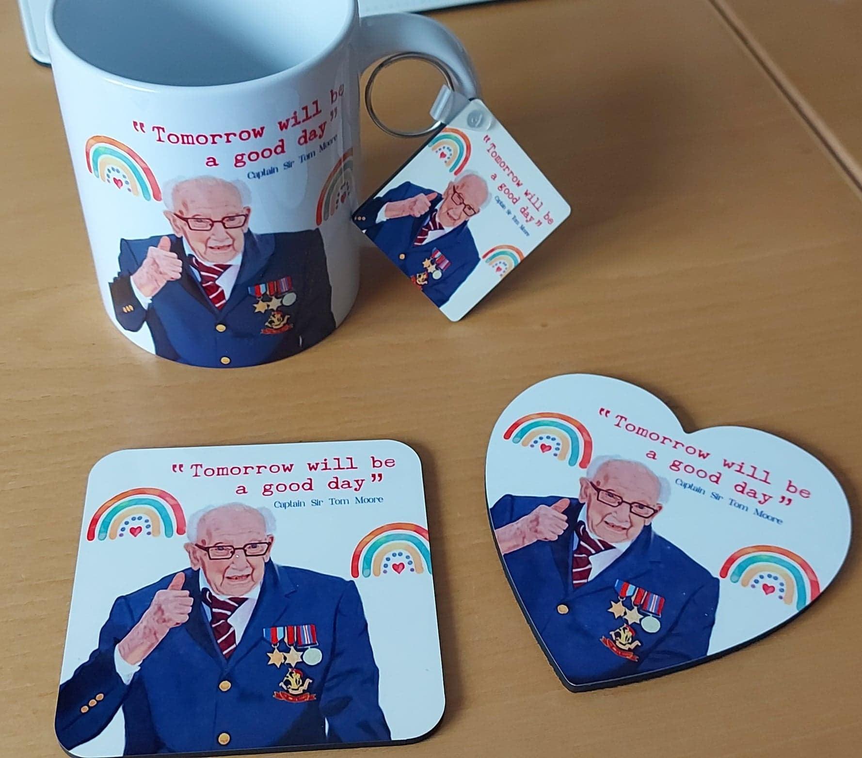 NHS Hero-Captain Sir Tom Moore - Tomorrow will be a good day - Inspirational - motivational heart shaped coaster - NHS -Rainbow