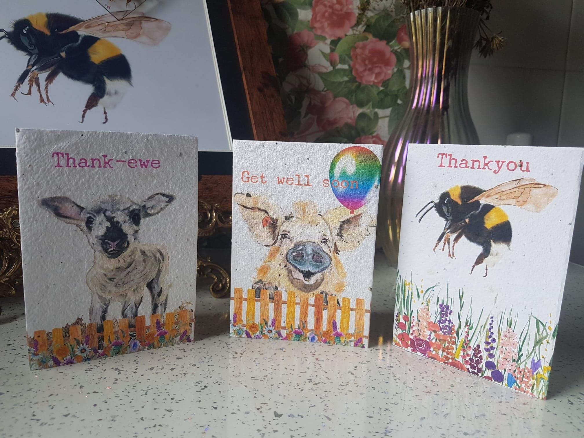 Eco and Vegan friendly PLANTABLE  flower Seed Cards-Get well soon- Bee  friendly cards- Piggy- #plantable seed cards- Grow me-Don't throw me