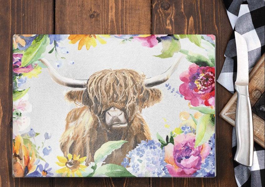 HORNY COW - Highland cow - Farmhouse Kitchen Decor - glass work surface saver - Chopping board -Kitchen items