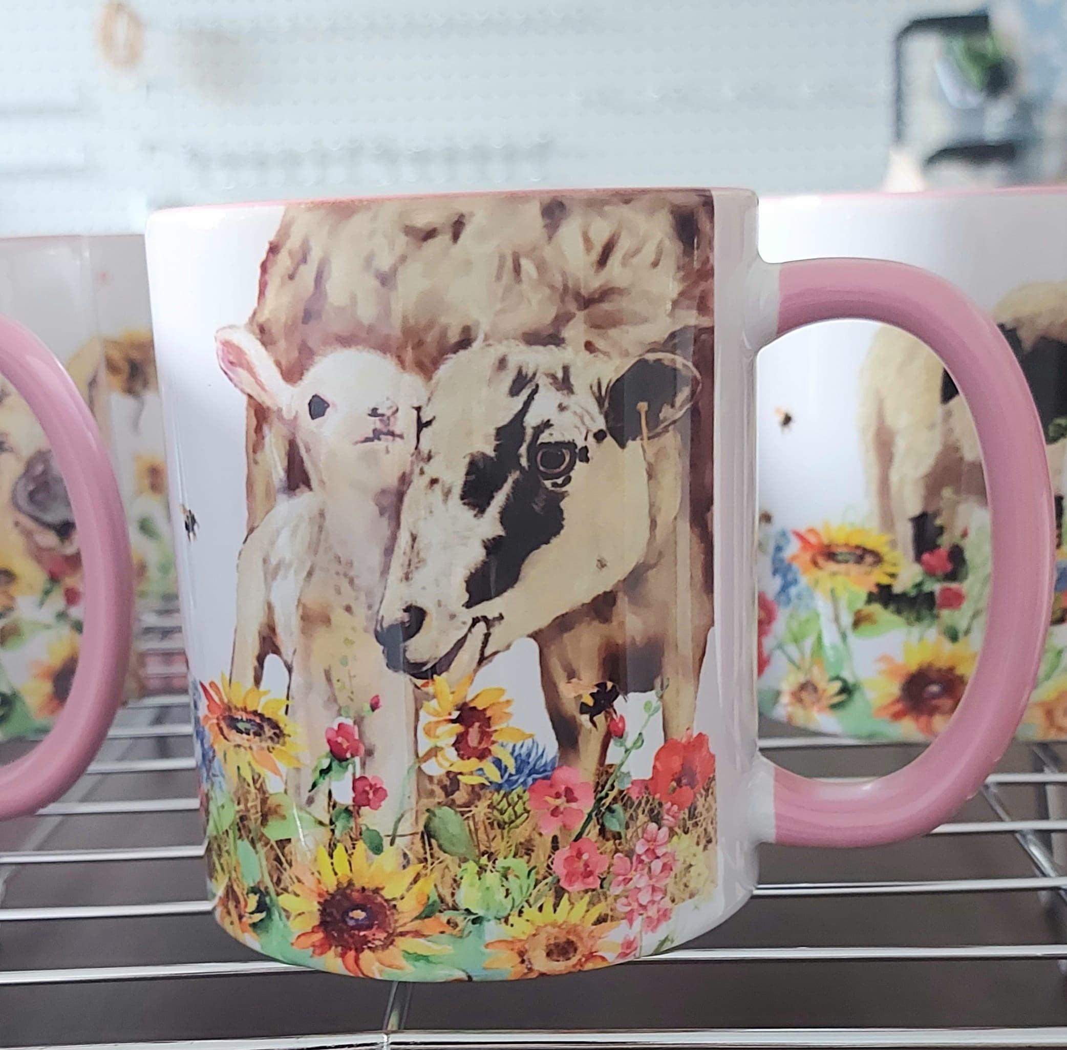 BEAUTIFUL SHEEP and LAMB mug with pink rim and handle- Perfect mothers day Gift-11oz Mug with large handle