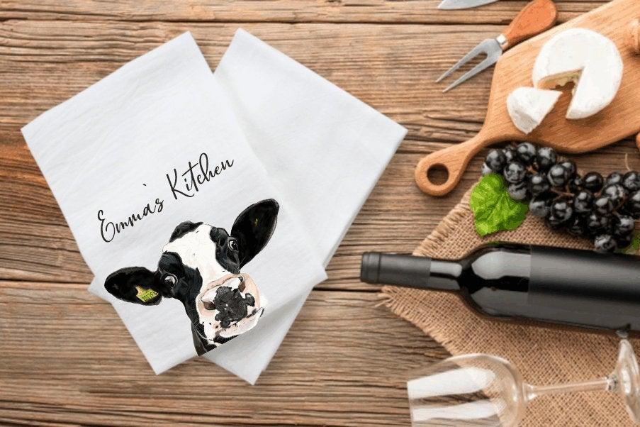 Black and white cow Personalised tea towel / pot towel - New home gift - Fresian cow - Holstein cow - Farmhouse decor
