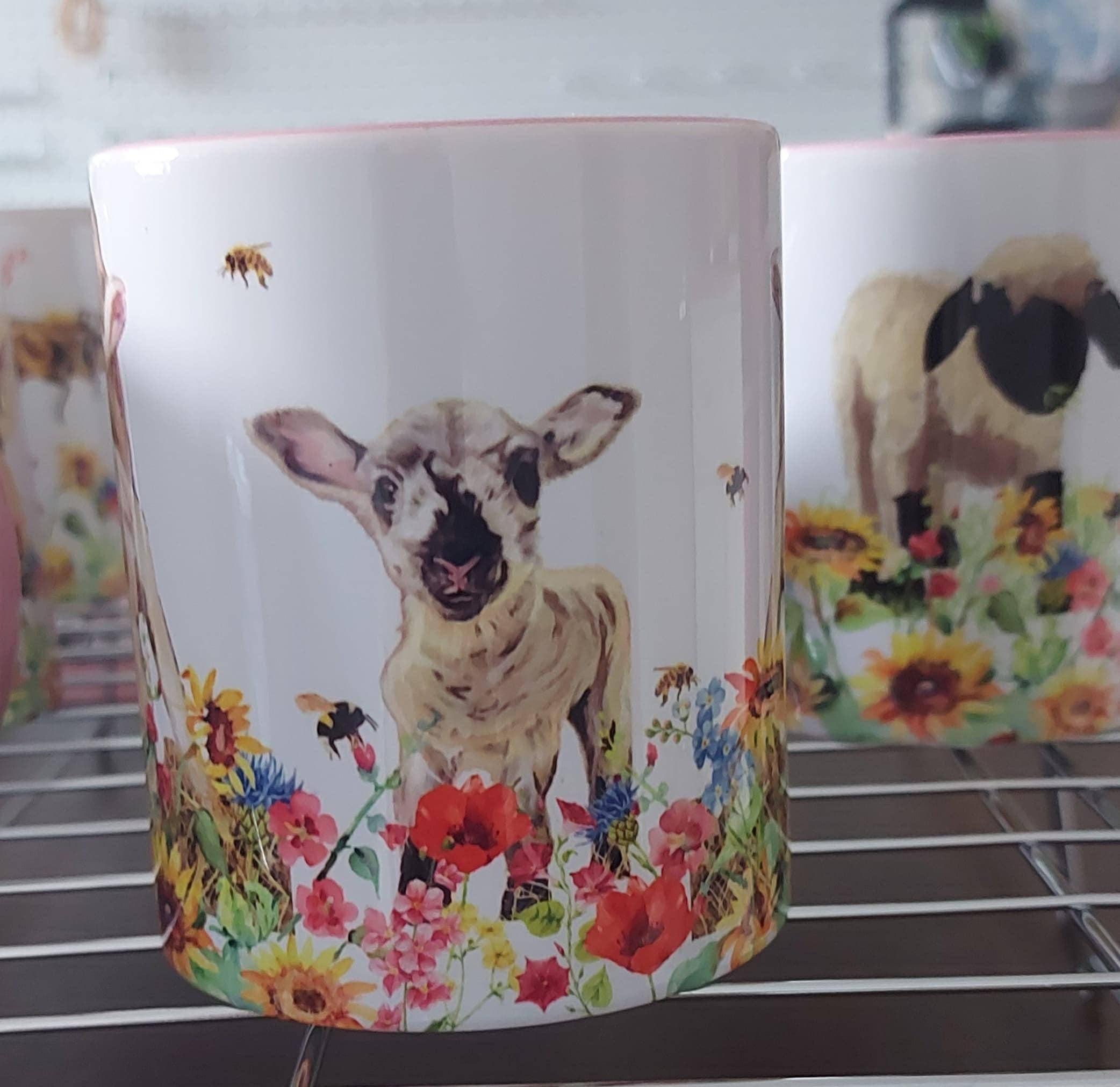 BEAUTIFUL SHEEP and LAMB mug with pink rim and handle- Perfect mothers day Gift-11oz Mug with large handle